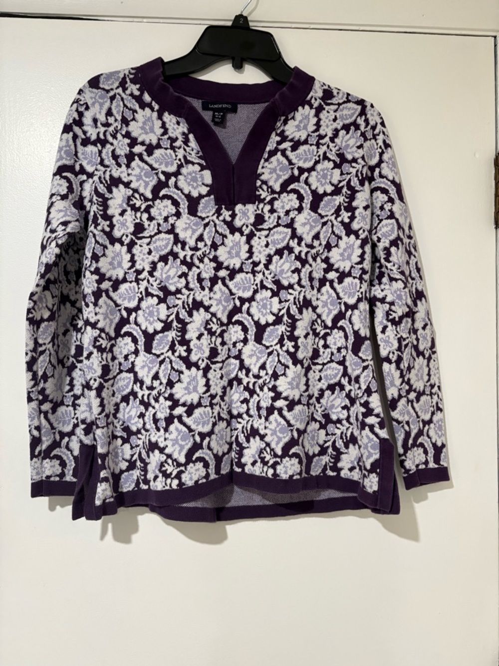 Lands' End Purple and White Floral Knit Pullover